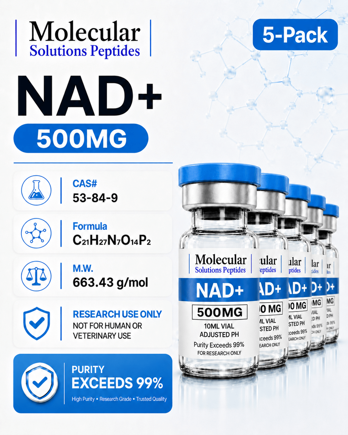 NAD+ (500mg) - 10ml vial 5-Pack (Adjusted pH)