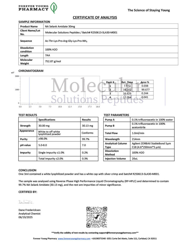 NA Selank Amidate 30mg – COA – Molecular Solutions Peptides – 06.19.2025