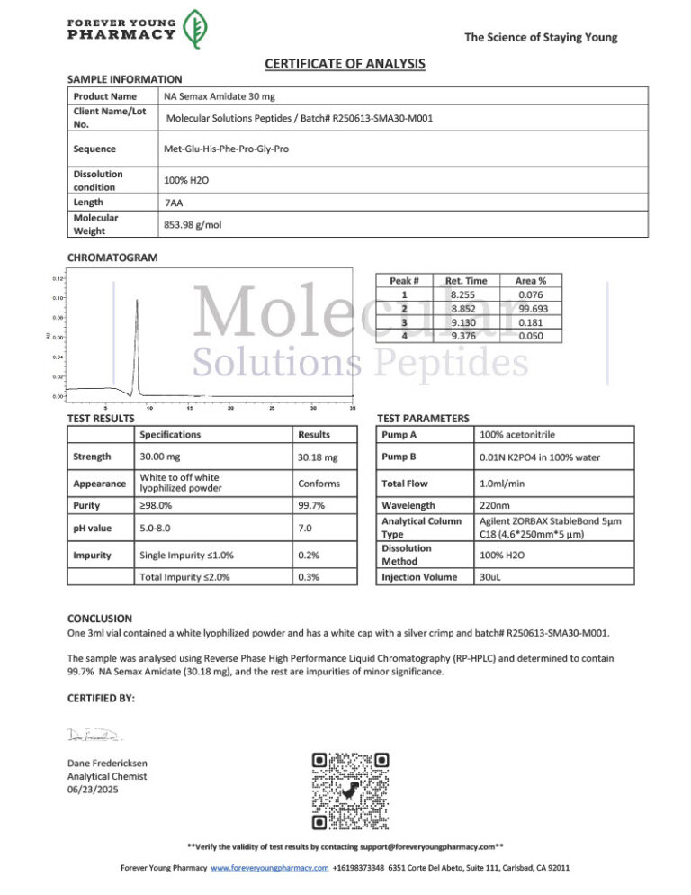 NA Semax Amidate 30mg – COA – Molecular Solutions Peptides – 06.23.2025