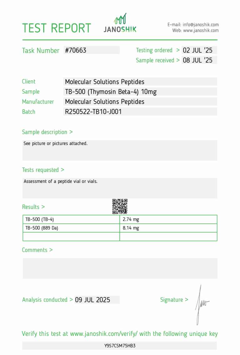 TB-500 (Thymosin Beta-4) 10mg – 2025-07-09-Jano Test Report #70663