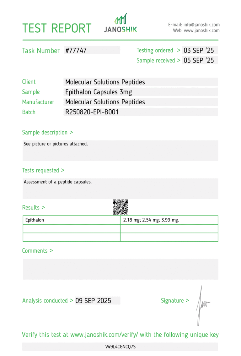 Epithalon 3mg Capsules – COA – Jano – MSP – 09.08.25