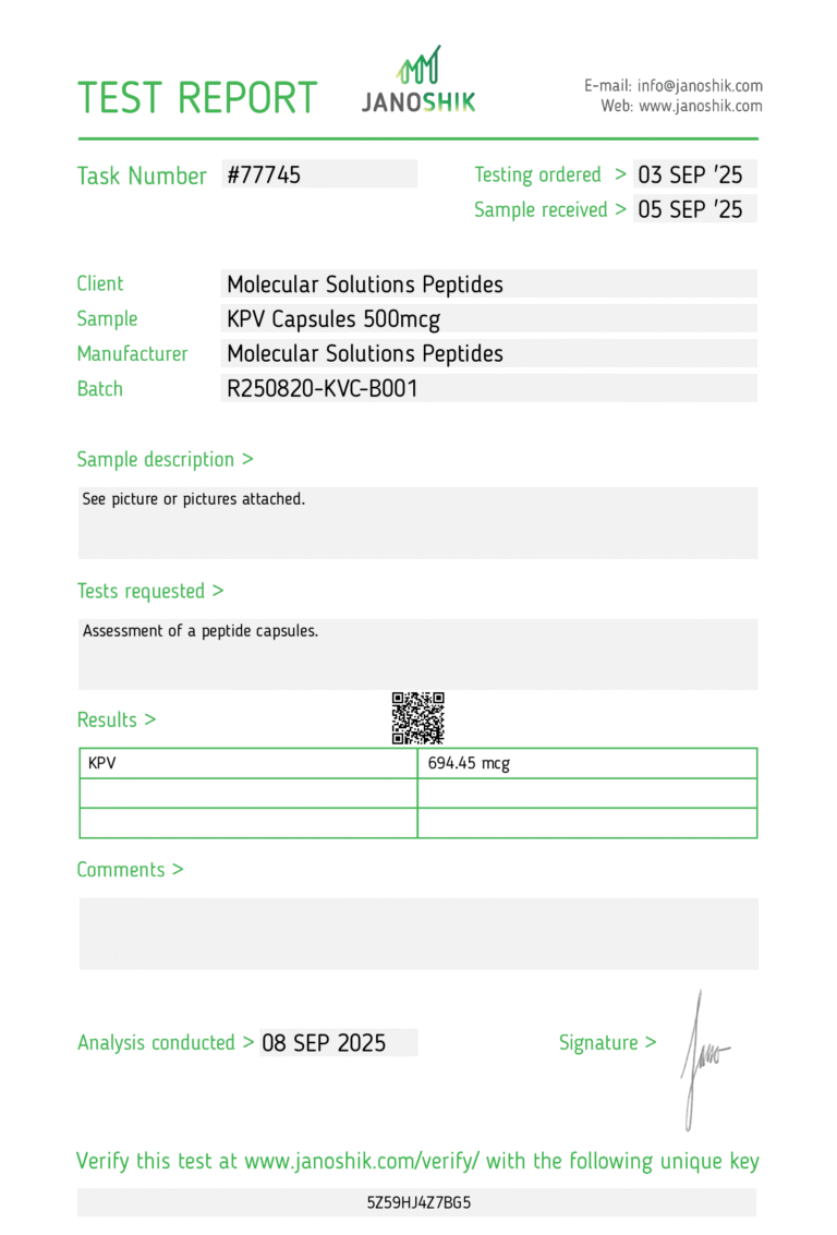 KPV 500mcg Capsules – COA – Jano – MSP – 09.08.25 – Test Report #77745