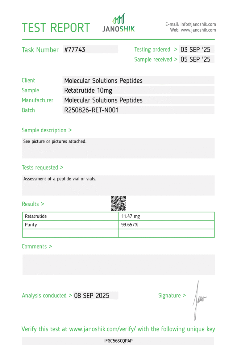 Retatrutide 10mg – COA – Jano – MSP – 08.08.25 Test Report #77743