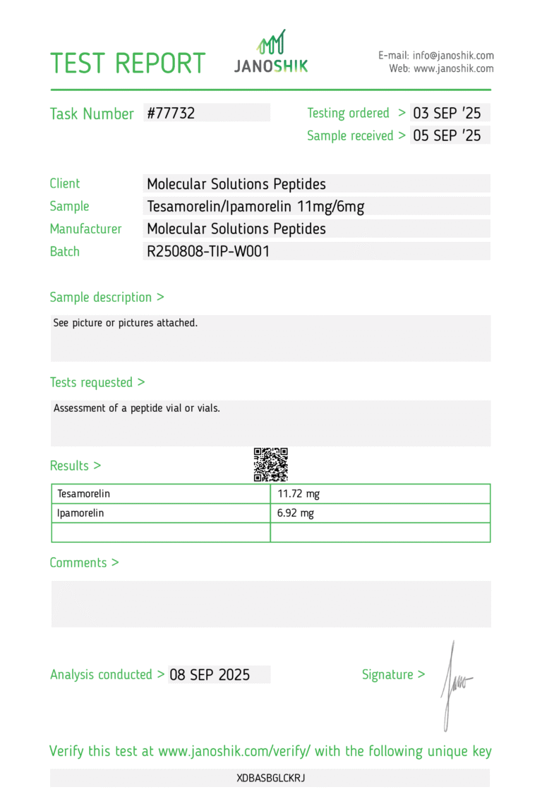 Tesamorelin-Ipamorelin_11mg-6mg – COA – Jano – MSP – 09.08.25 – Test Report #77732