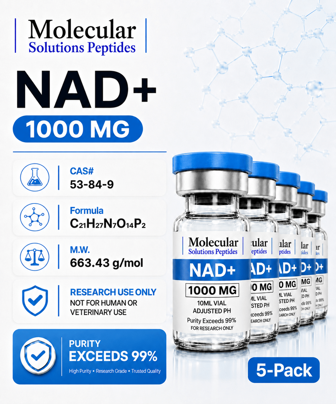 NAD+ (1000mg) - 10ml vial 5-Pack (Adjusted pH)