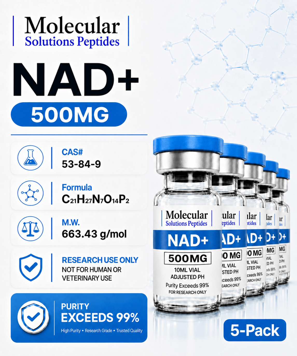 NAD+ (500mg) - 10ml vial 5-Pack (Adjusted pH)